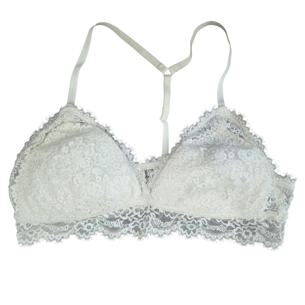 Aerie Cream Floral Lace Bralette Padded Triangle Scalloped Eyelash Trim Large